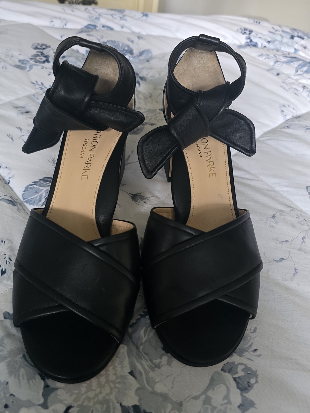 Marion Parke Black Leather Bow Ankle-Strap Heels